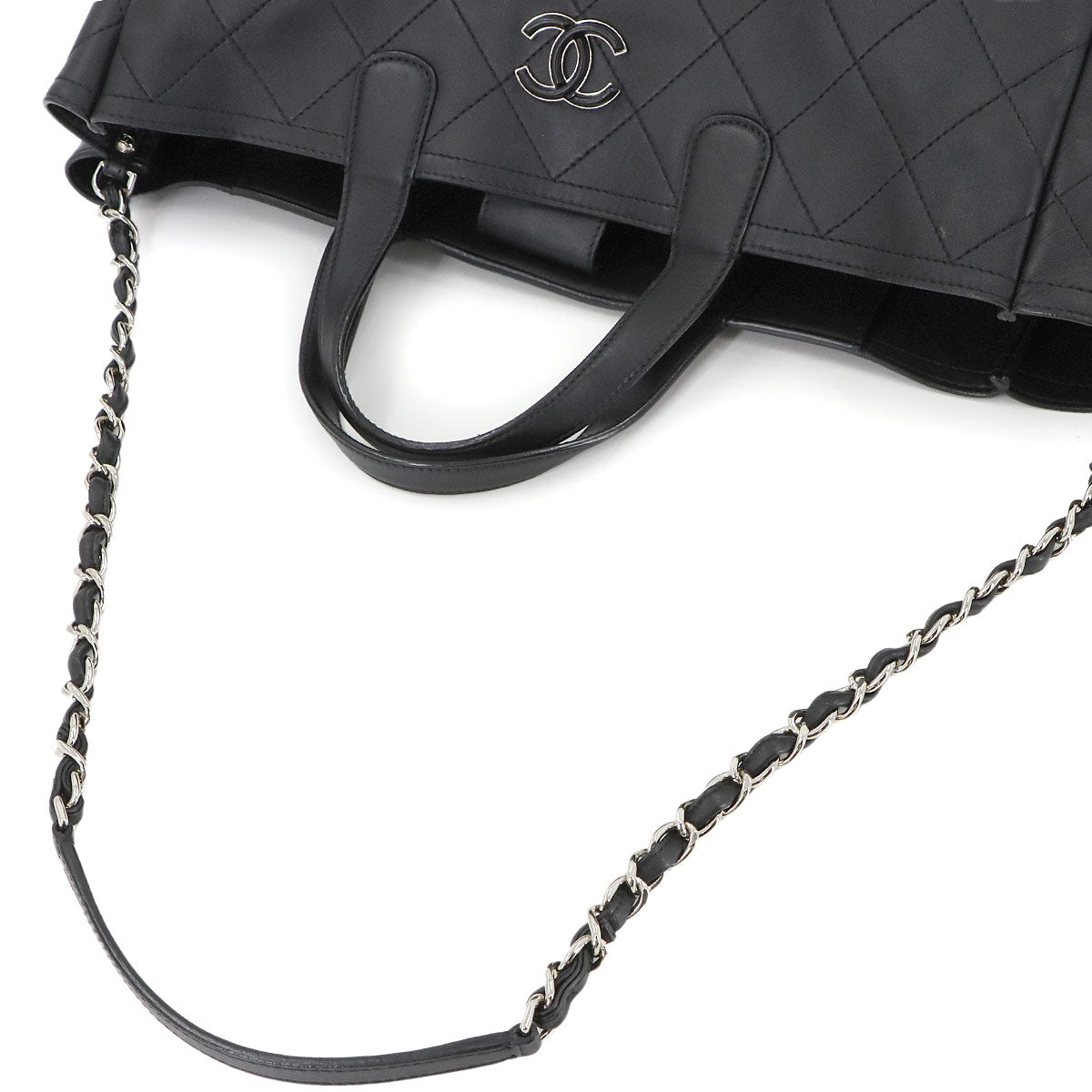 Matelasse 2way Tote Chain Shoulder Bag Leather Black AS0169