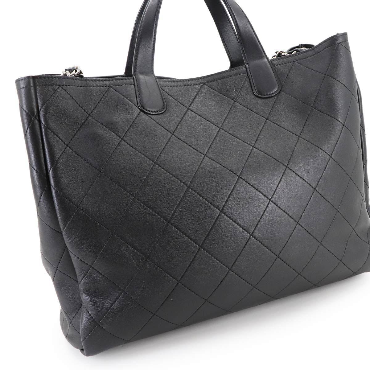 Matelasse 2way Tote Chain Shoulder Bag Leather Black AS0169