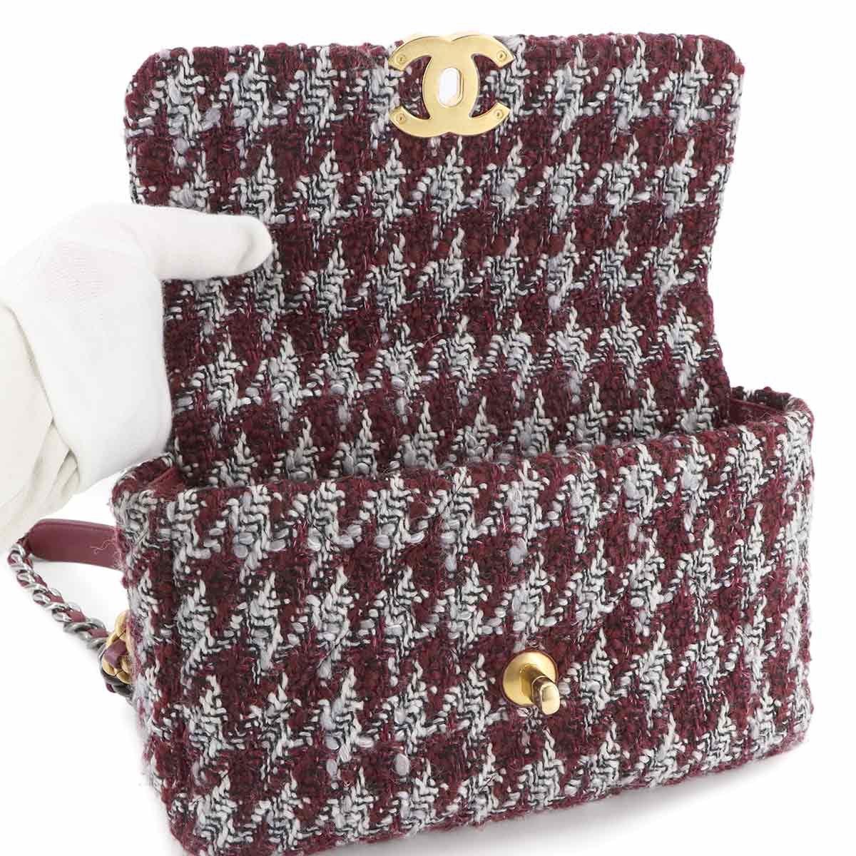 19 Chain Hand Shoulder Bag Tweed Leather Black AS1160