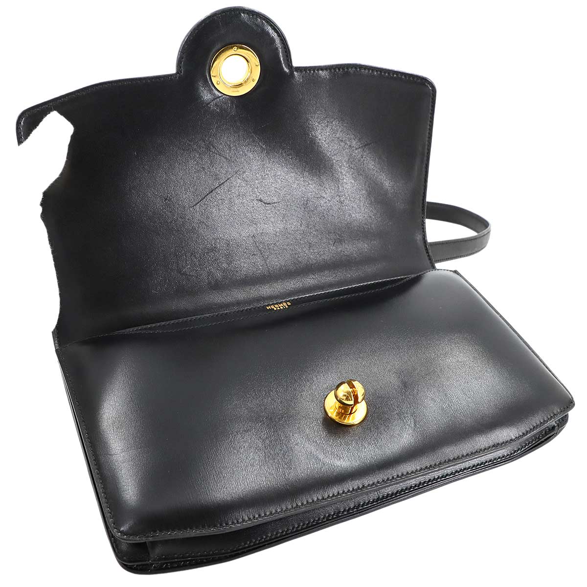 Shoulder Bag Box Calf Leather Black Vintage Purse