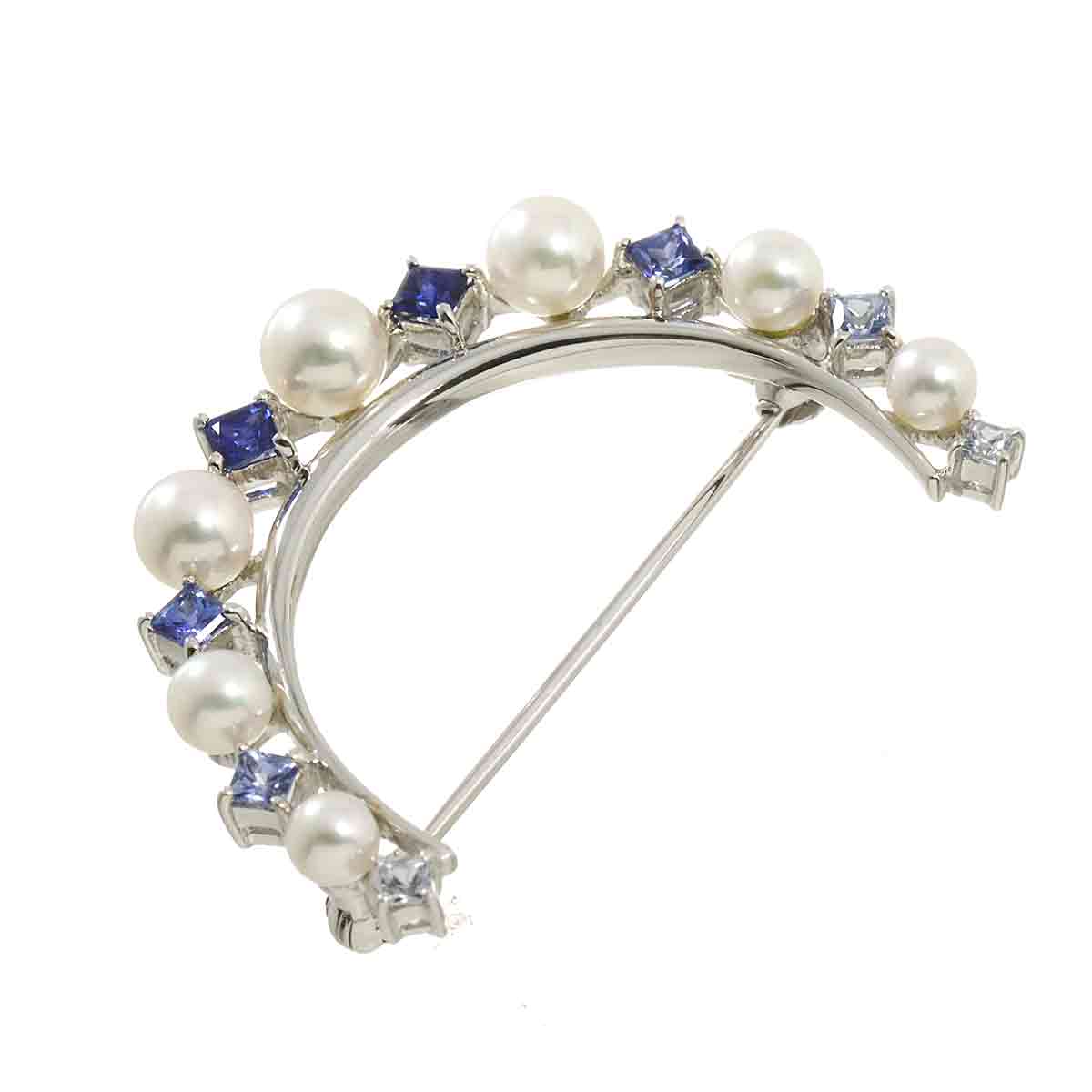 Akoya Pearl 5.5-3.8mm Sapphire Brooch 18K White Gold 750