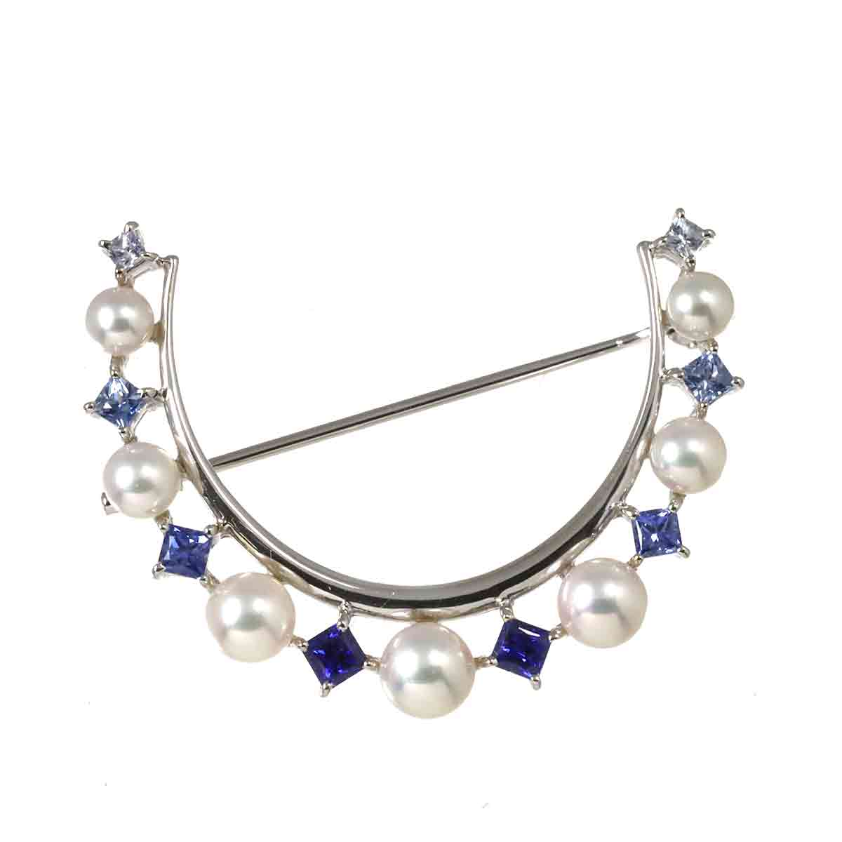 Akoya Pearl 5.5-3.8mm Sapphire Brooch 18K White Gold 750