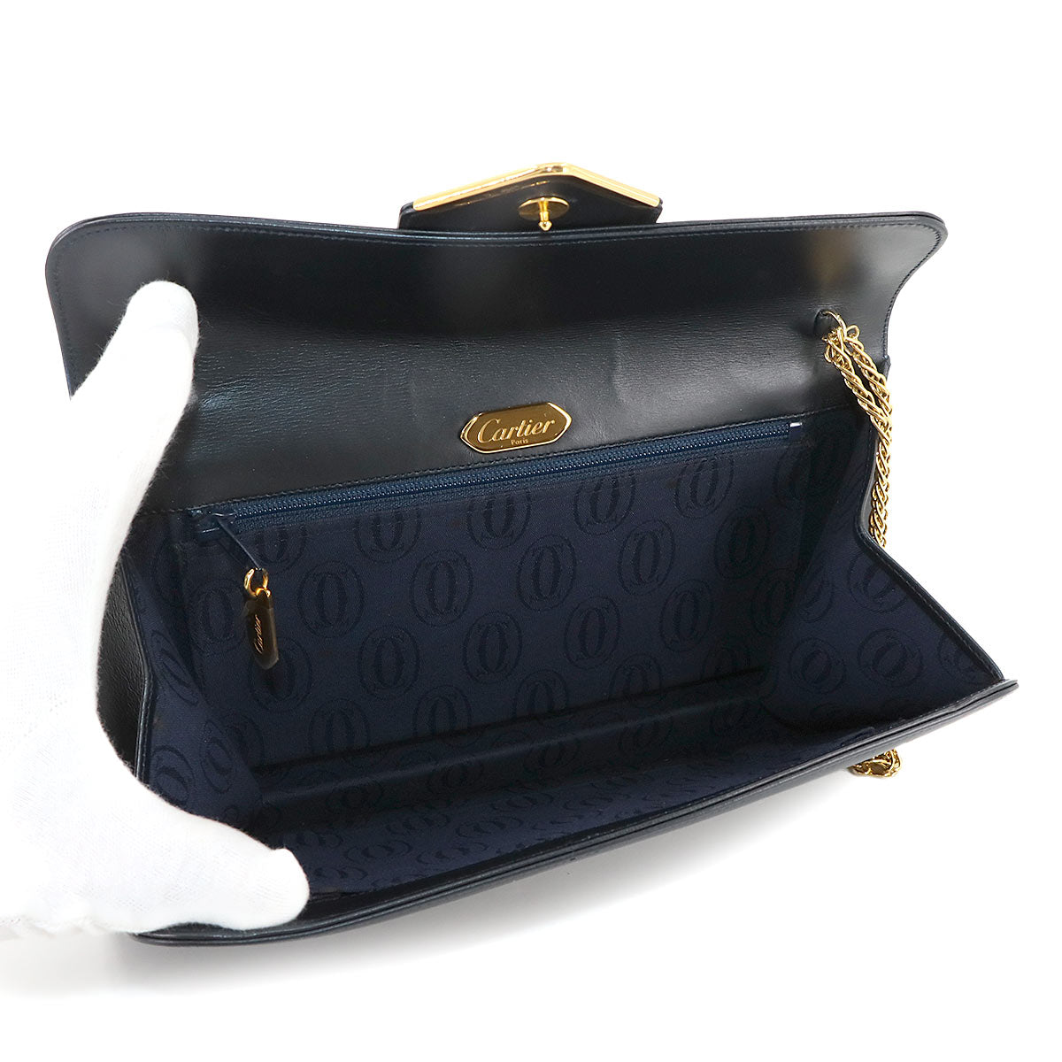 Sapphire Line Chain Shoulder Bag Leather Navy