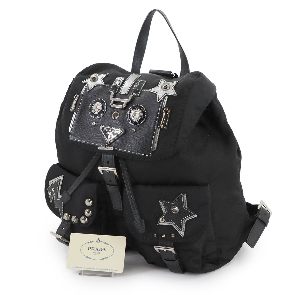 Robot Backpack Nylon Saffiano Leather Black 1BZ811 Purse