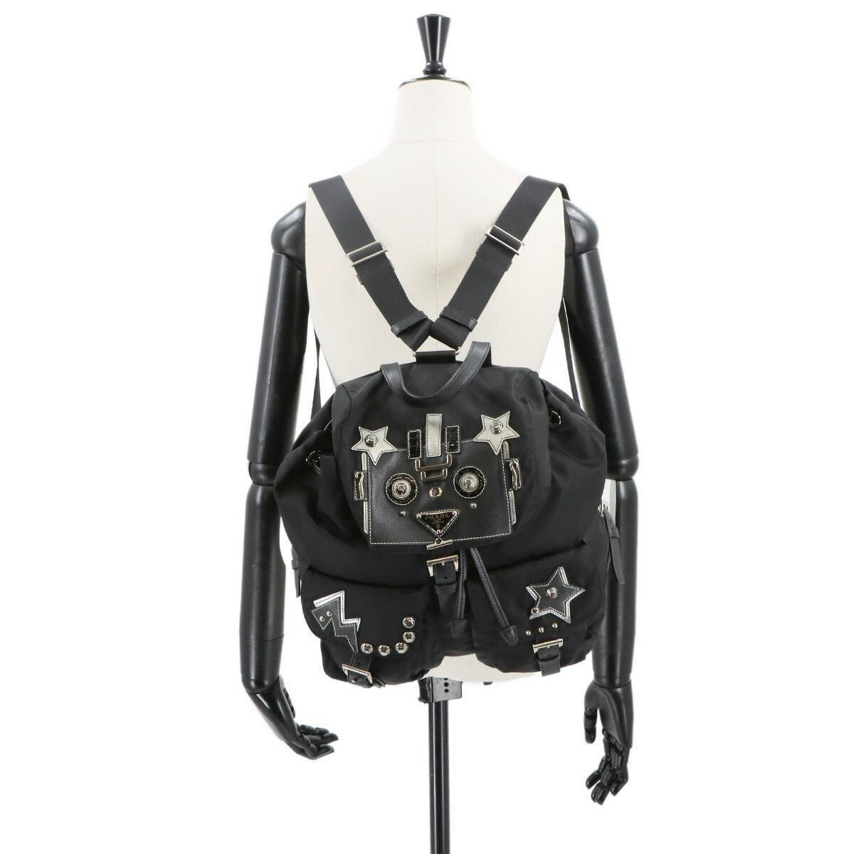 Robot Backpack Nylon Saffiano Leather Black 1BZ811 Purse