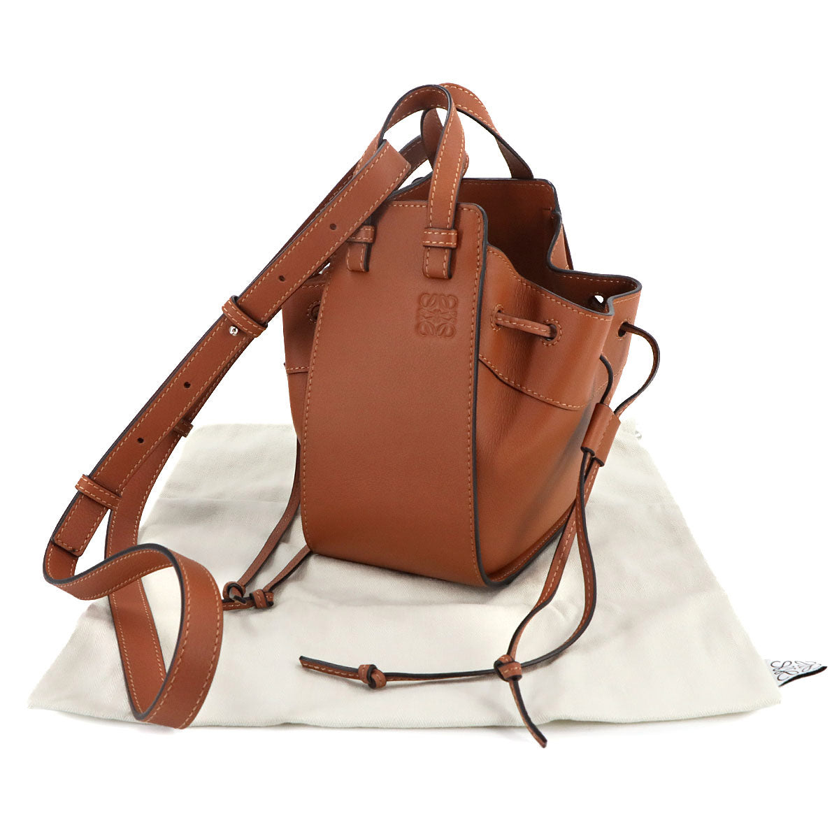 Drawstring Mini Hand Shoulder Bag Leather Brown
