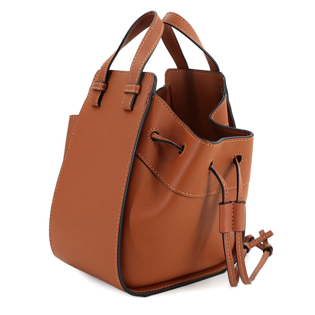 Drawstring Mini Hand Shoulder Bag Leather Brown