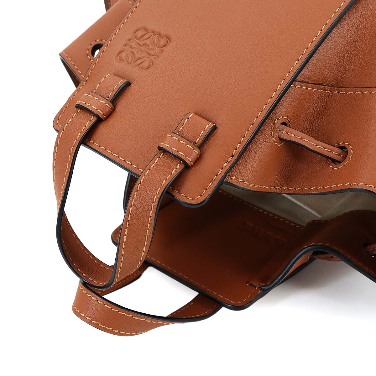 Drawstring Mini Hand Shoulder Bag Leather Brown