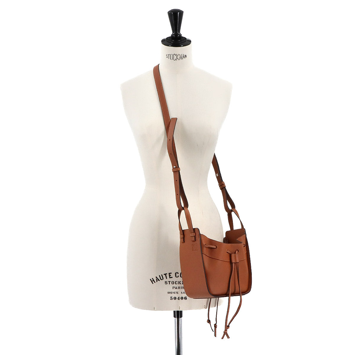 Drawstring Mini Hand Shoulder Bag Leather Brown