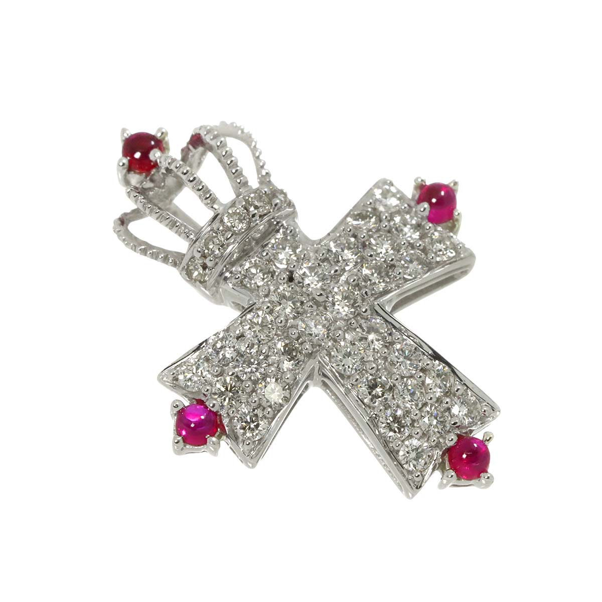 Crown Cross Ruby Diamond Pendant Top 18K WG 750