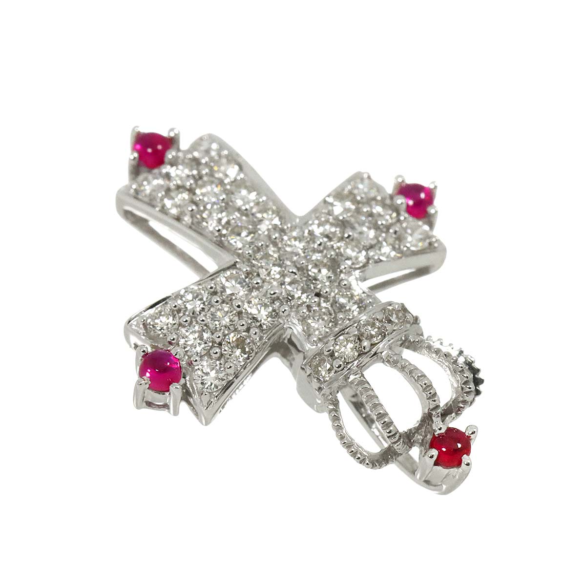 Crown Cross Ruby Diamond Pendant Top 18K WG 750