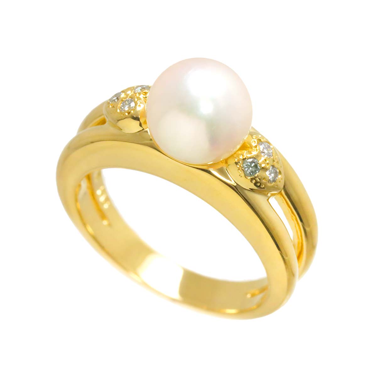 Akoya Pearl 7.4mm Diamond Ring 18K YG 750 size4.5(US)