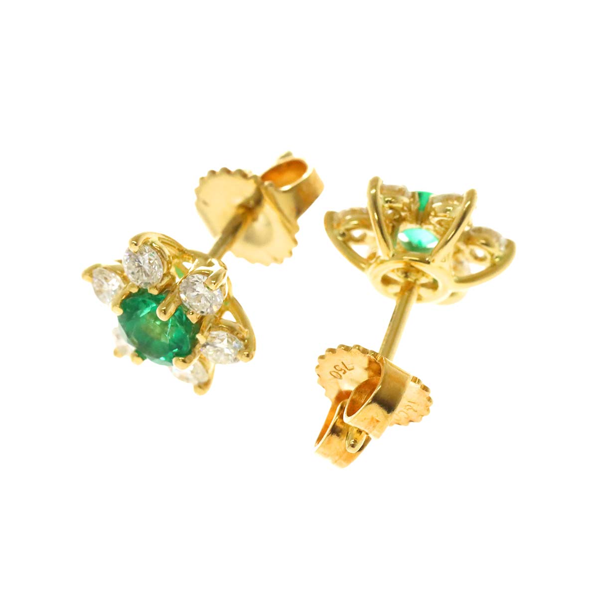 Emerald Diamond Earrings Pierced 18K YG 750