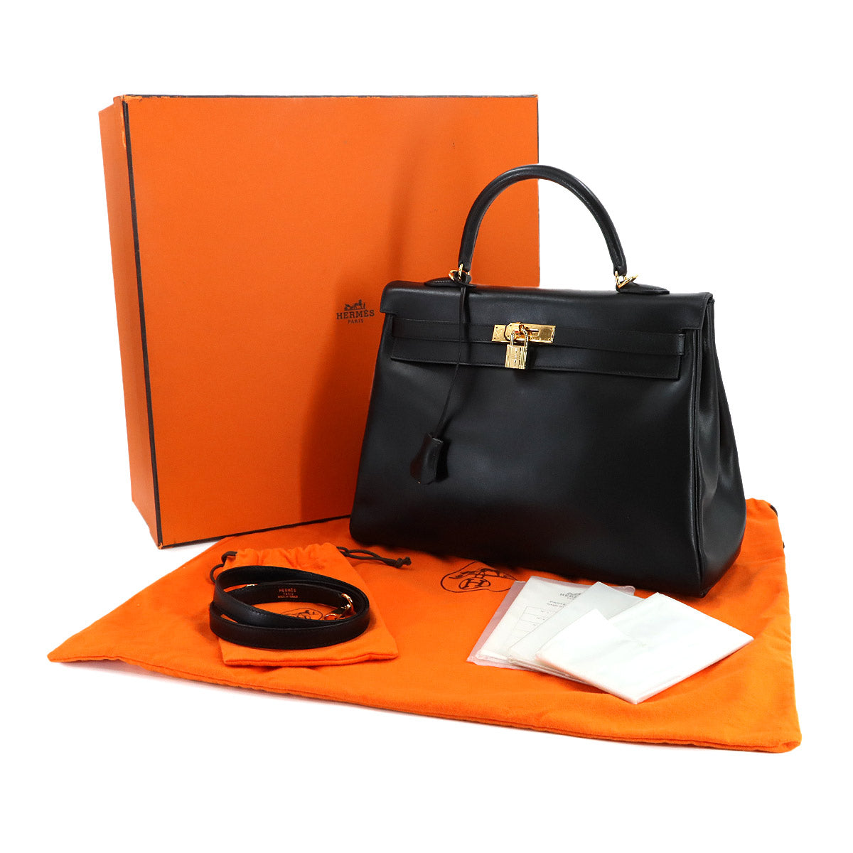 Kelly 35 Box Calf Leather Black Hand Shoulder Bag Purse