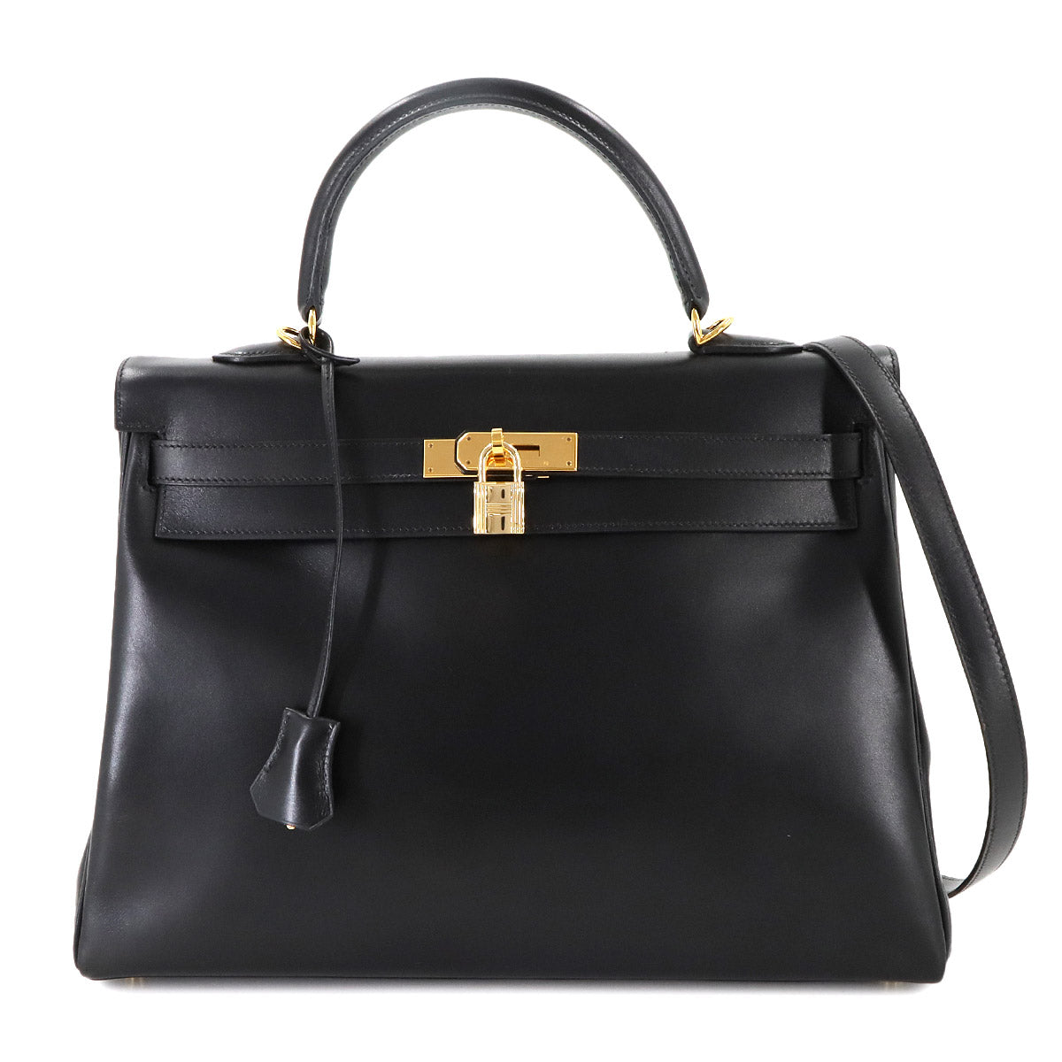 Kelly 35 Box Calf Leather Black Hand Shoulder Bag Purse