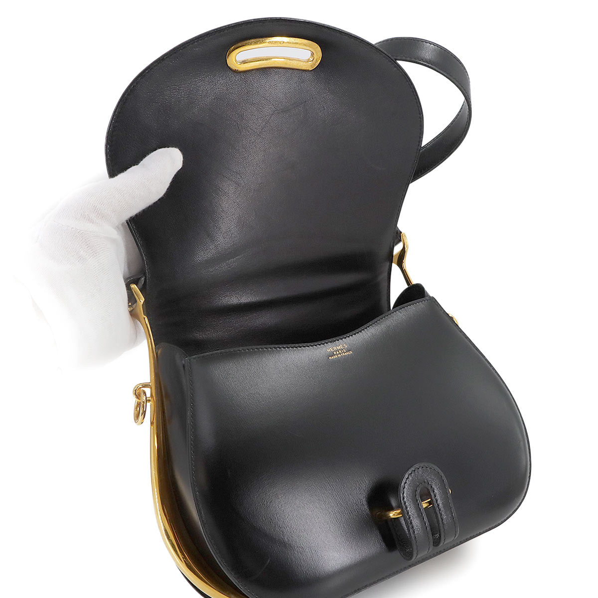 Passe Guide Shoulder Bag Box calf Black Vintage Purse