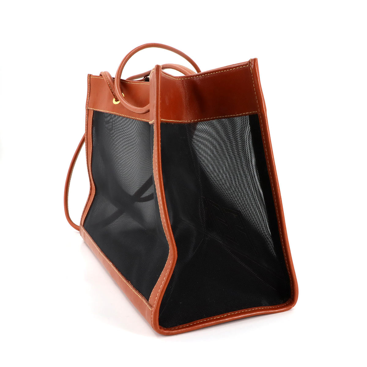 Mesh Tote Bag Leather Brown Black Purse