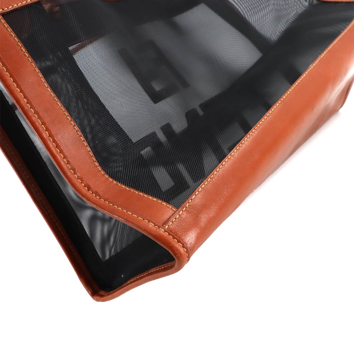 Mesh Tote Bag Leather Brown Black Purse