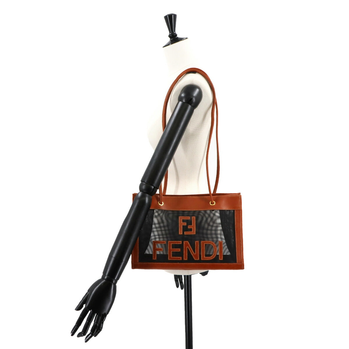 Mesh Tote Bag Leather Brown Black Purse