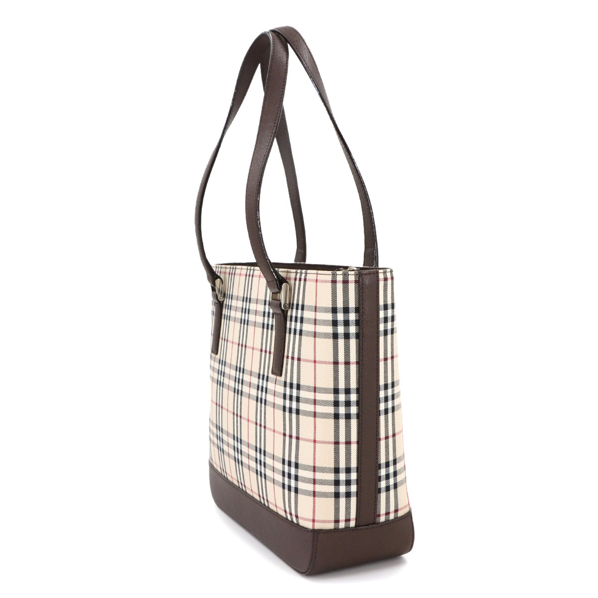 Plaid Tote Bag Canvas Leather Beige Brown Purse