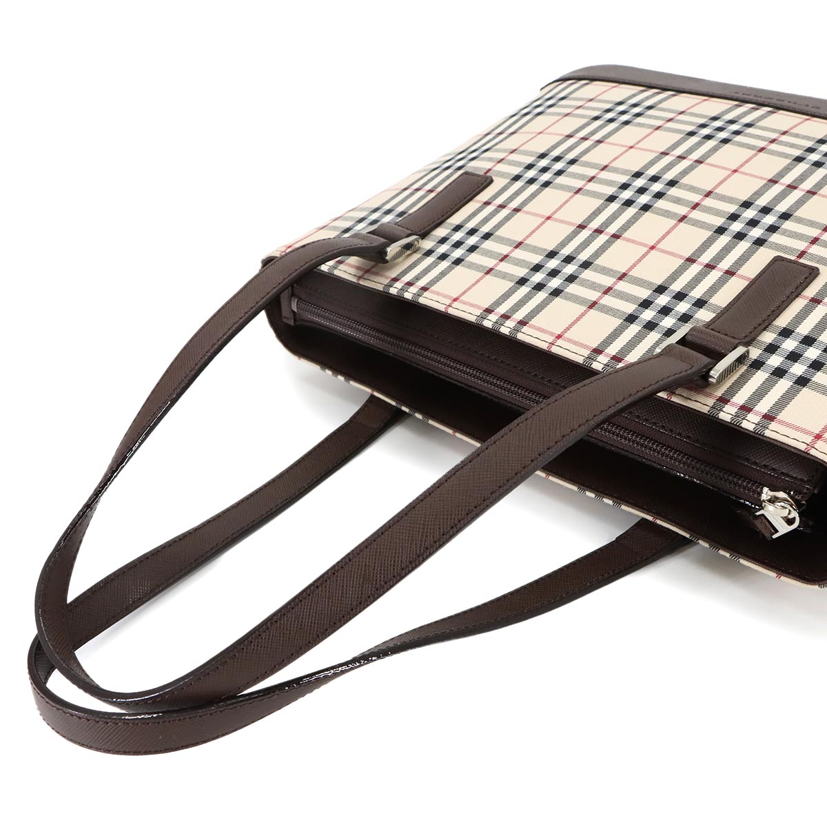 Plaid Tote Bag Canvas Leather Beige Brown Purse