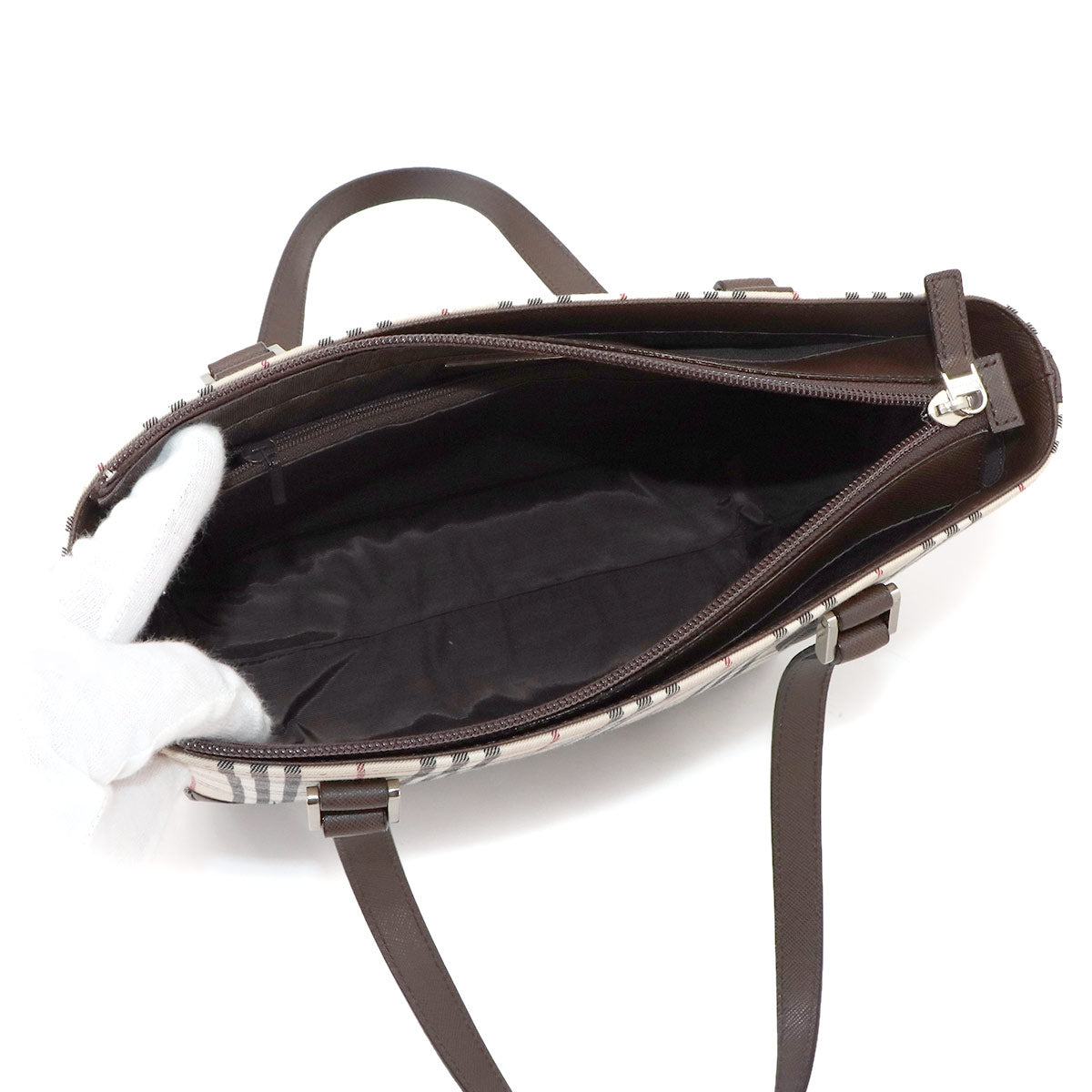 Plaid Tote Bag Canvas Leather Beige Brown Purse