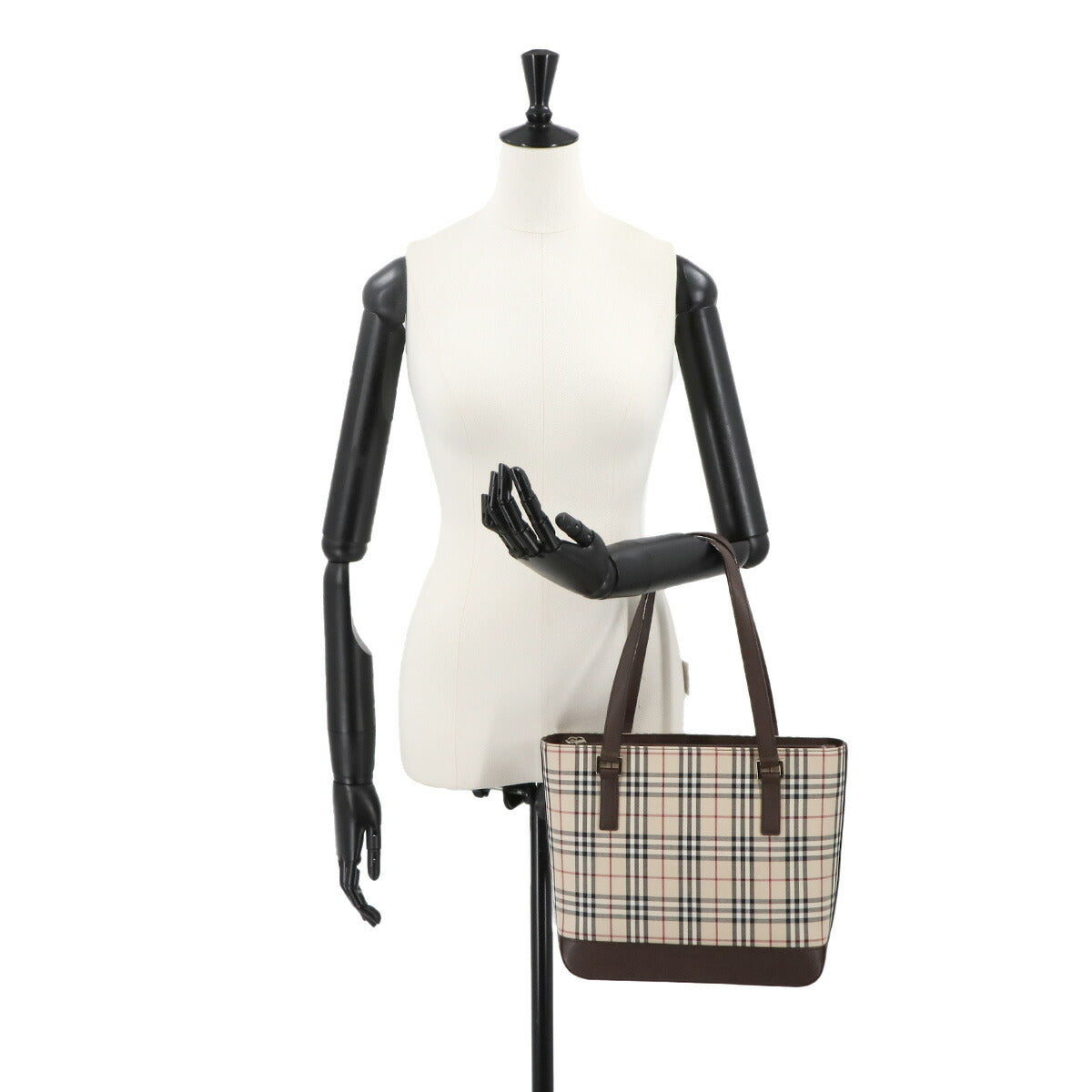 Plaid Tote Bag Canvas Leather Beige Brown Purse