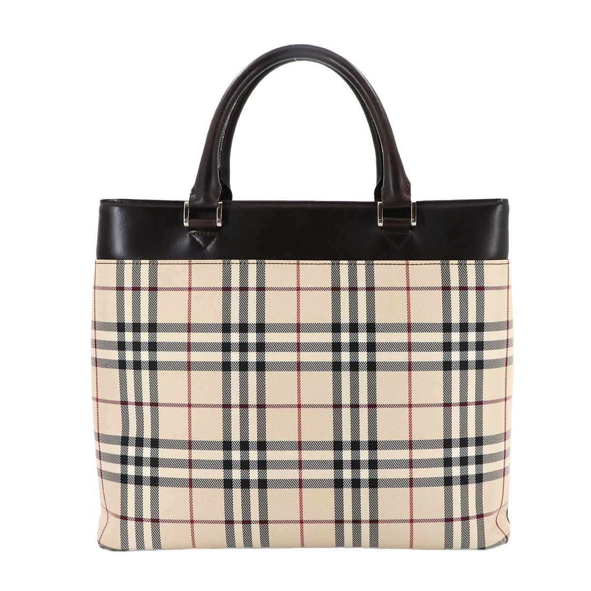 Plaid Hand Bag Canvas Leather Beige Brown Purse