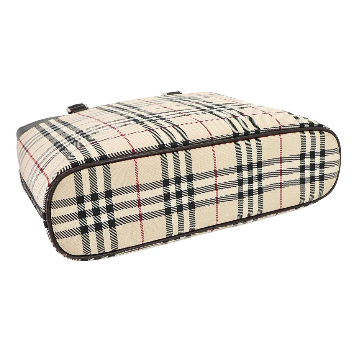 Plaid Hand Bag Canvas Leather Beige Brown Purse