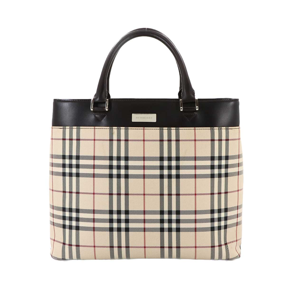 Plaid Hand Bag Canvas Leather Beige Brown Purse