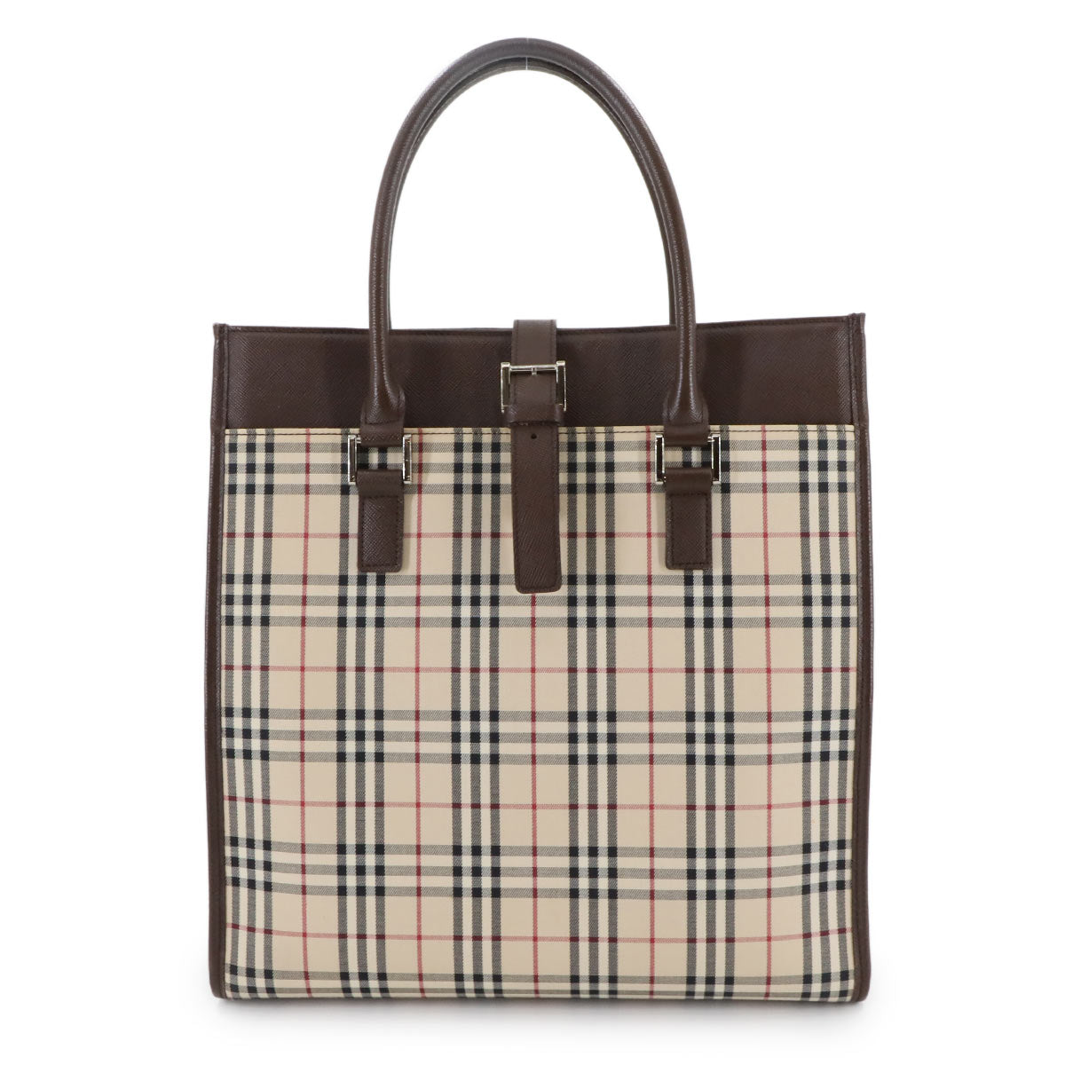 Plaid Tote Bag Canvas Leather Beige Brown Purse