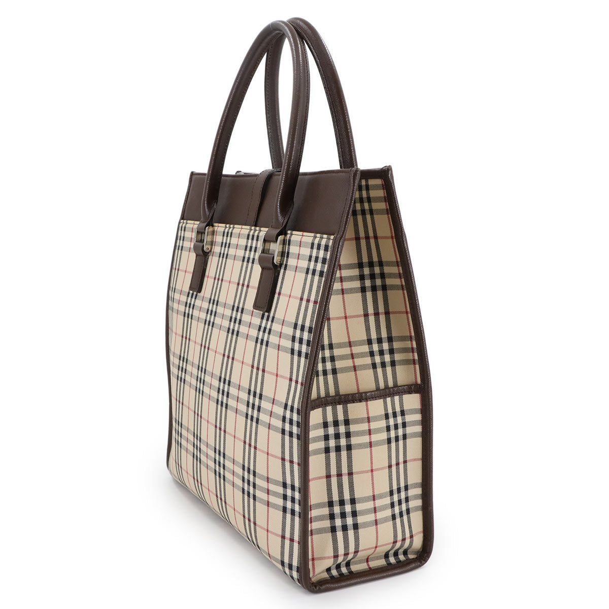 Plaid Tote Bag Canvas Leather Beige Brown Purse