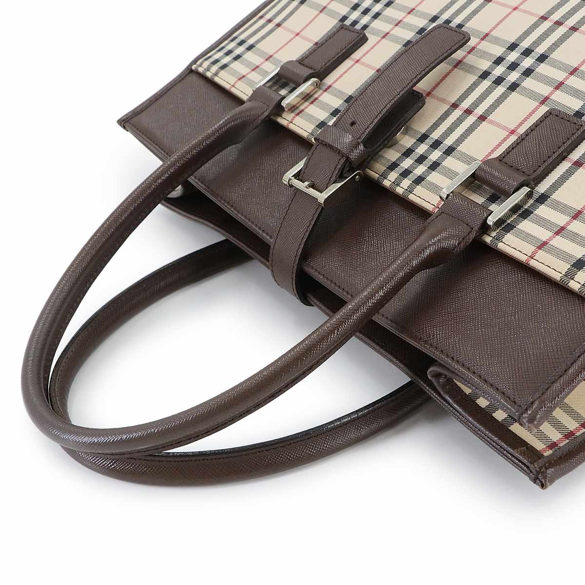 Plaid Tote Bag Canvas Leather Beige Brown Purse