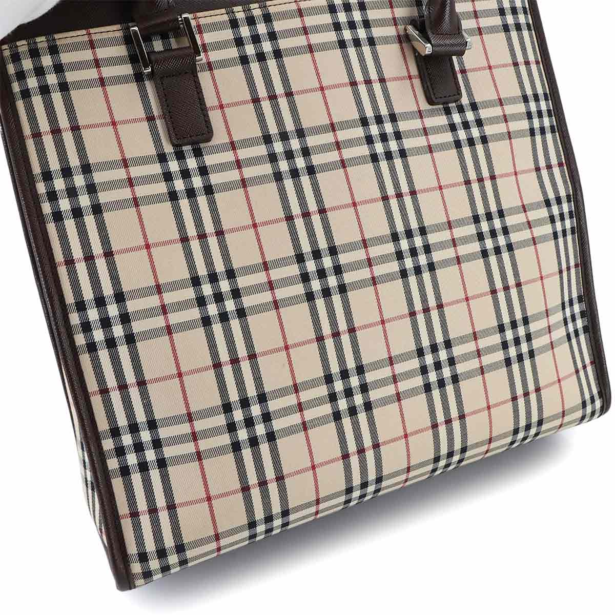 Plaid Tote Bag Canvas Leather Beige Brown Purse
