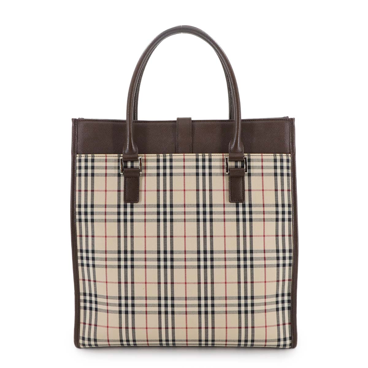 Plaid Tote Bag Canvas Leather Beige Brown Purse