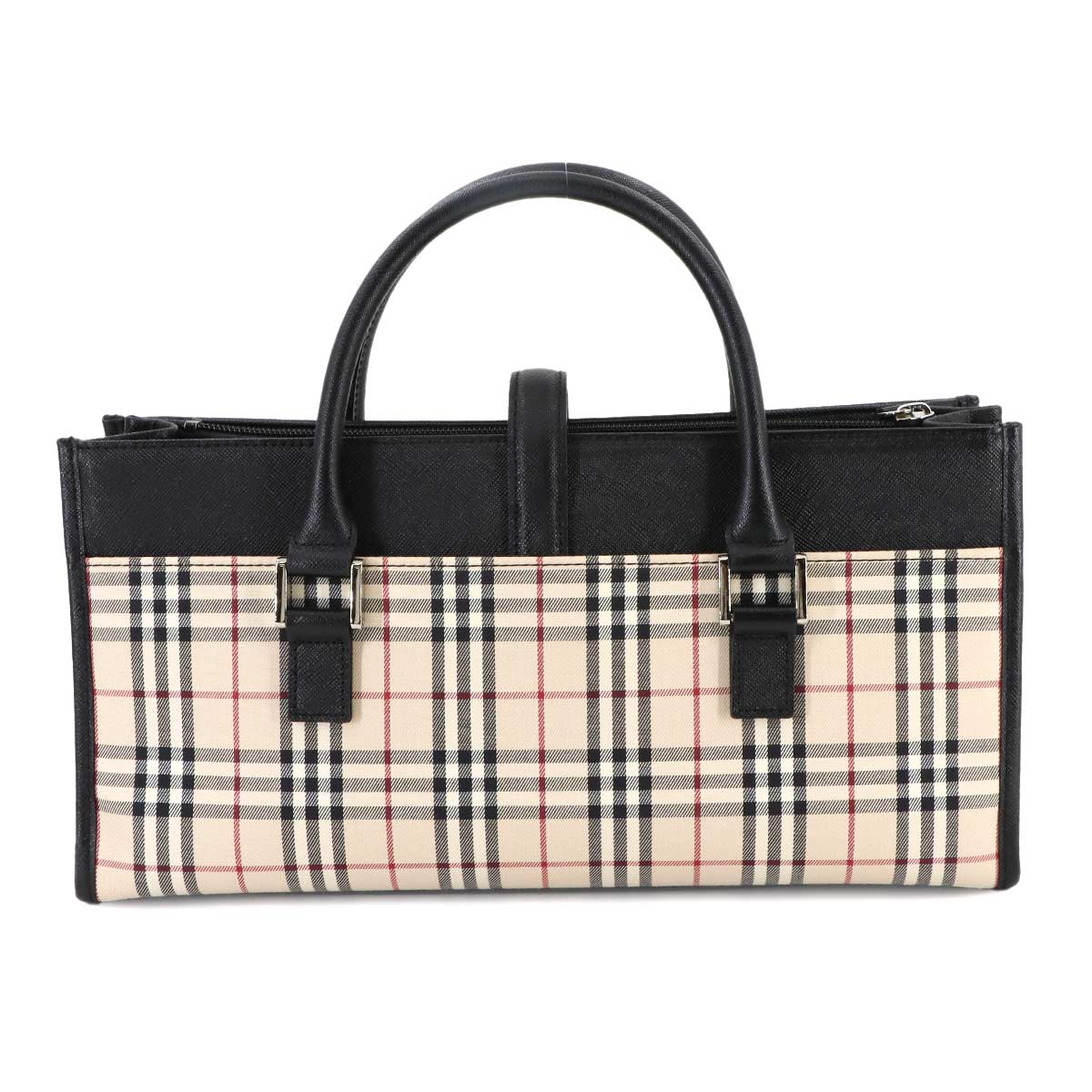 Plaid Hand Bag Canvas Leather Beige Black Purse