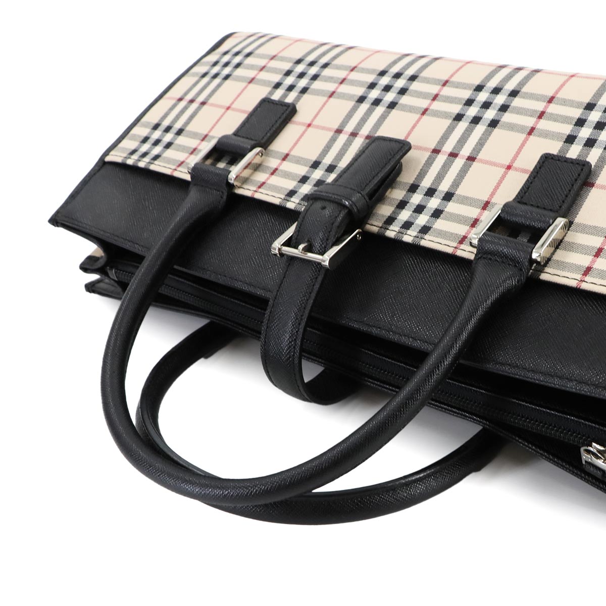 Plaid Hand Bag Canvas Leather Beige Black Purse