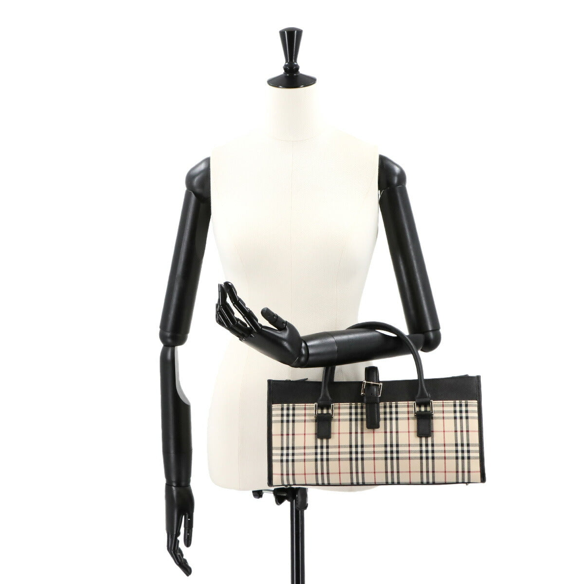 Plaid Hand Bag Canvas Leather Beige Black Purse