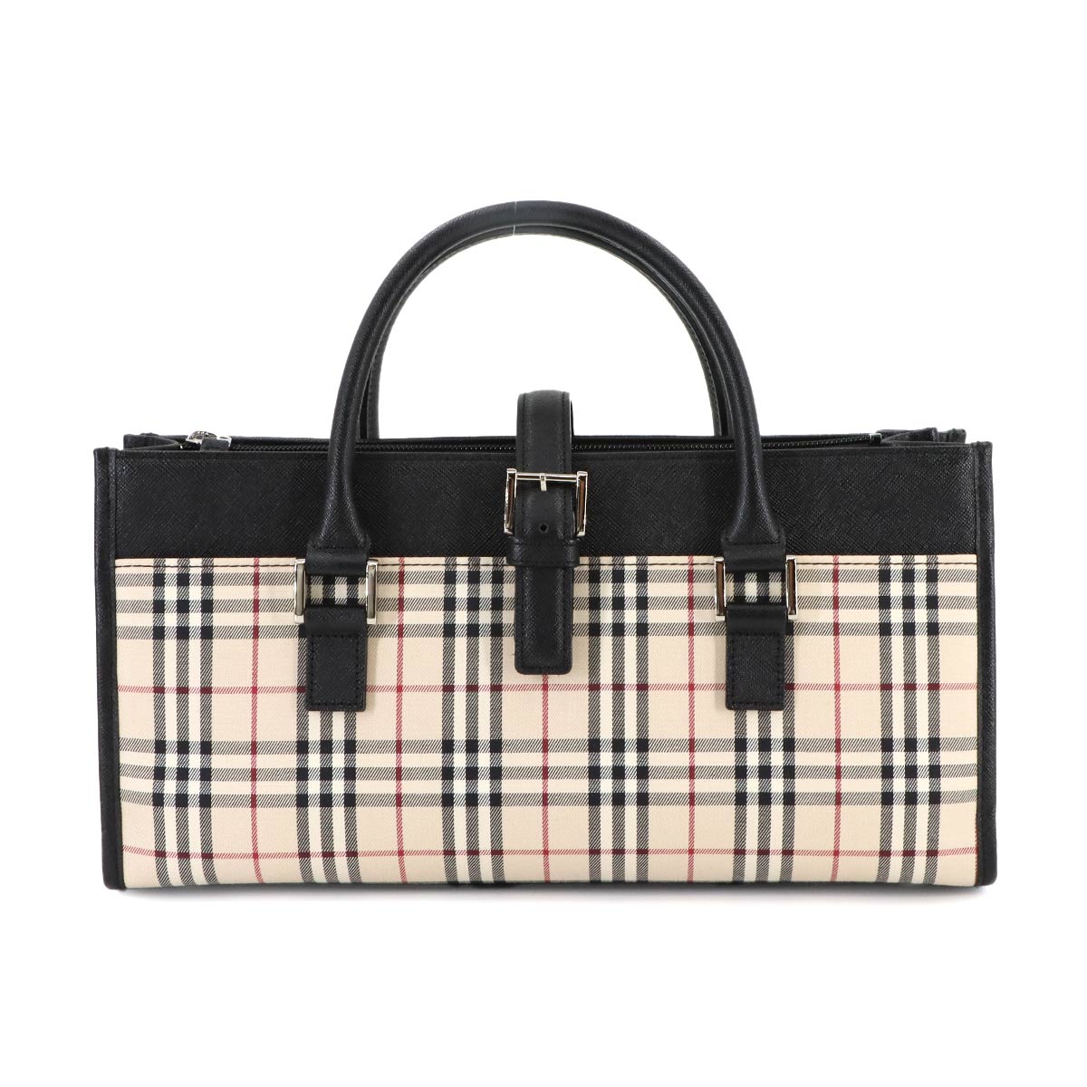 Plaid Hand Bag Canvas Leather Beige Black Purse