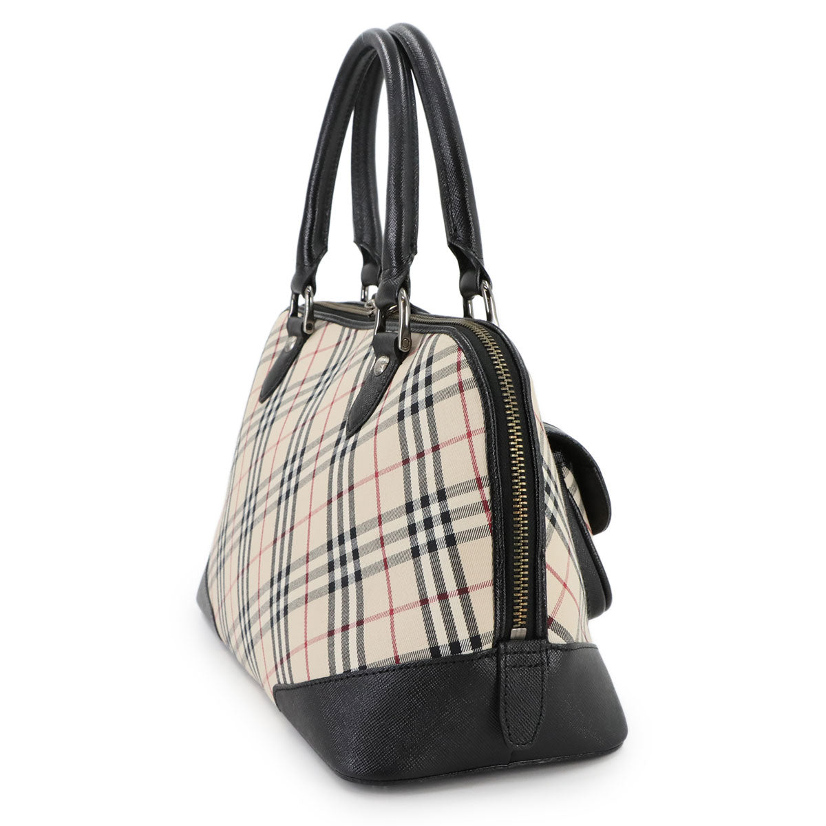 Plaid Hand Bag Canvas Leather Beige Black Purse