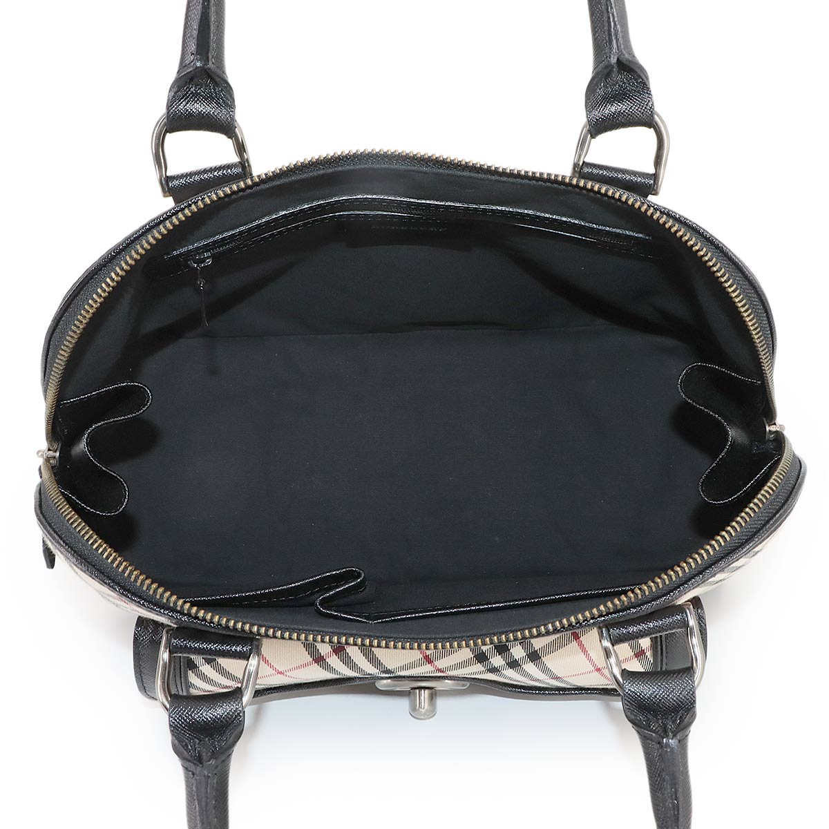 Plaid Hand Bag Canvas Leather Beige Black Purse