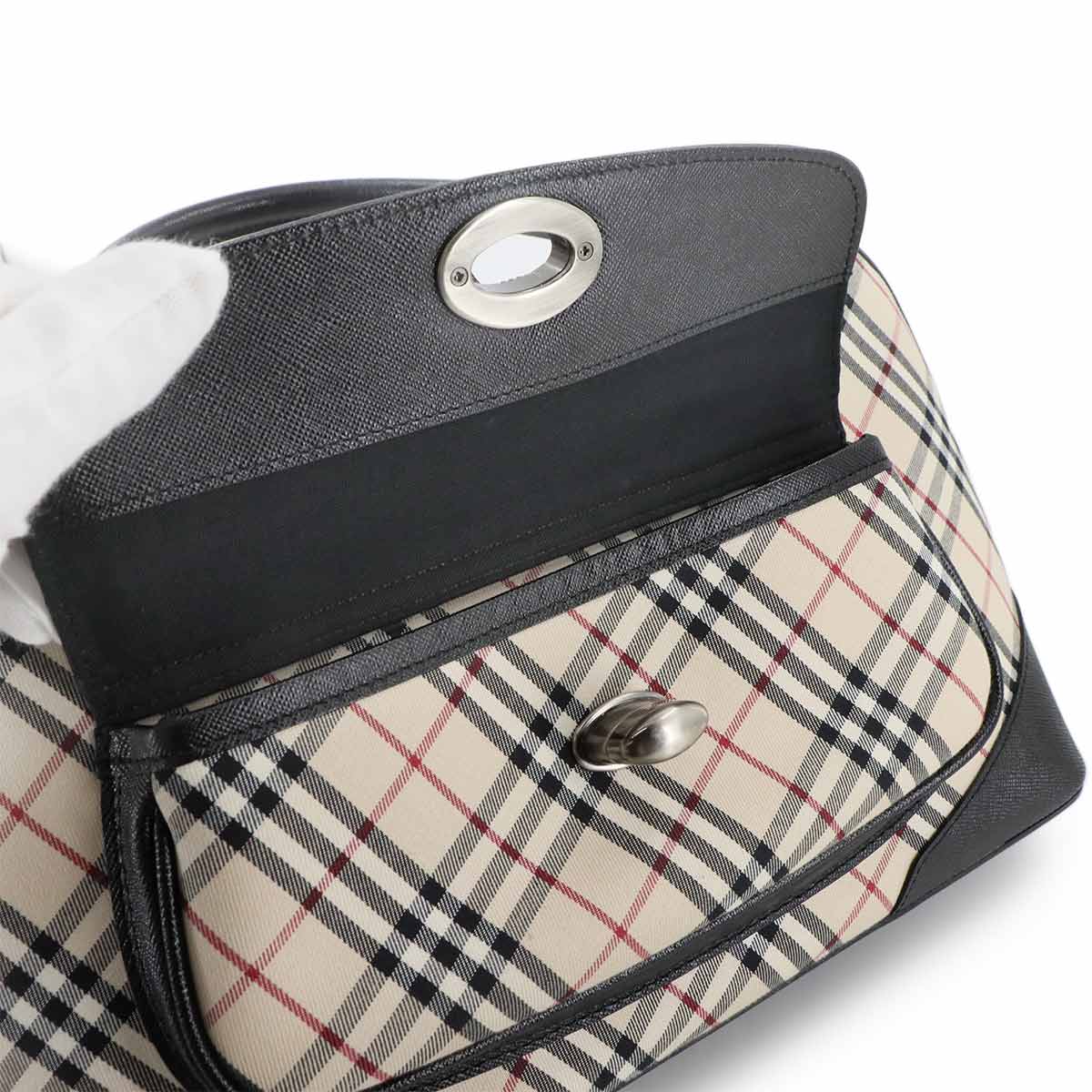 Plaid Hand Bag Canvas Leather Beige Black Purse