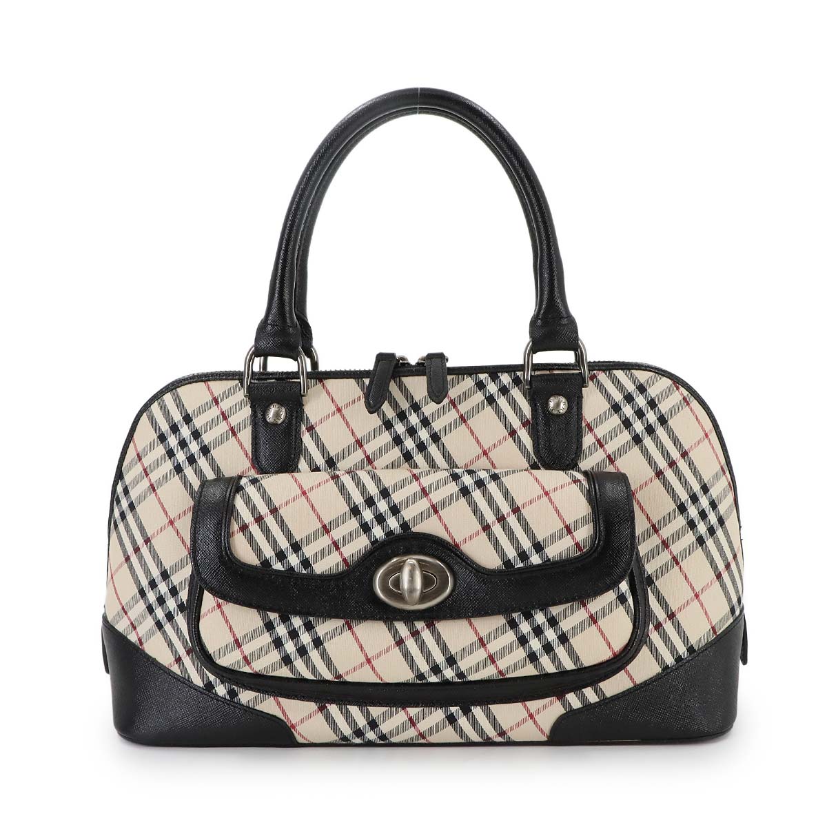 Plaid Hand Bag Canvas Leather Beige Black Purse
