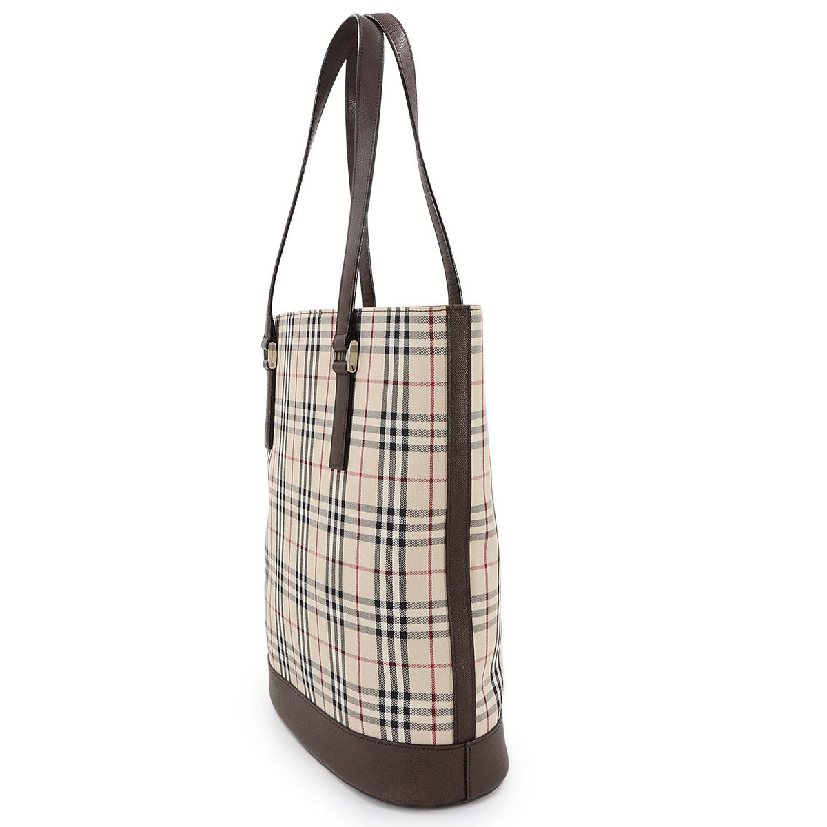 Plaid Tote Bag Canvas Leather Beige Brown Purse