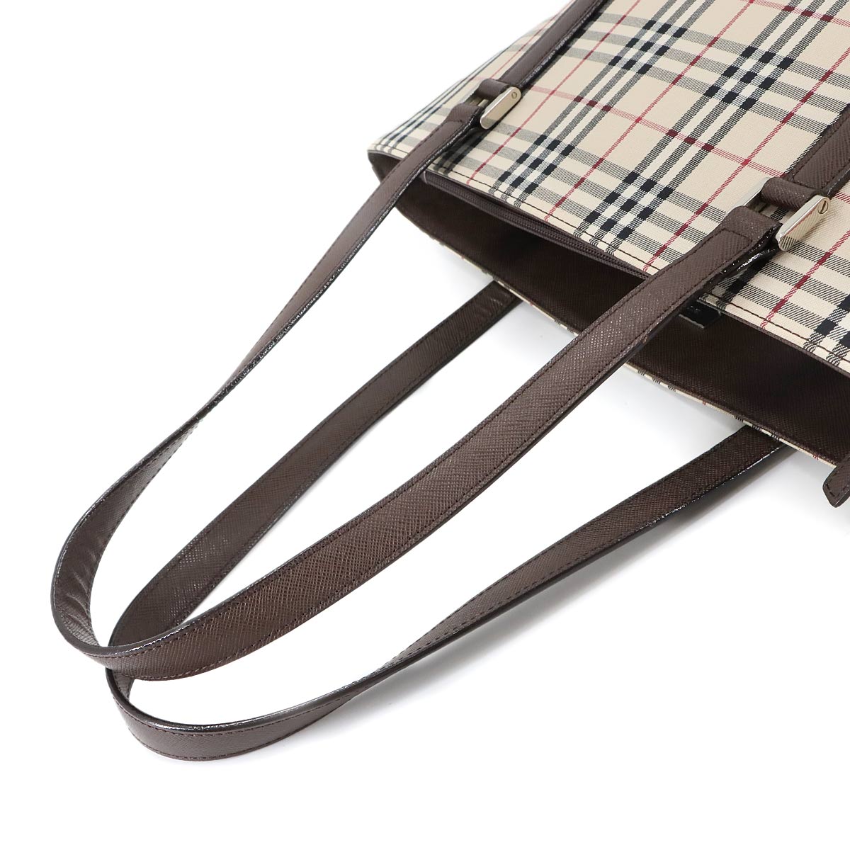 Plaid Tote Bag Canvas Leather Beige Brown Purse