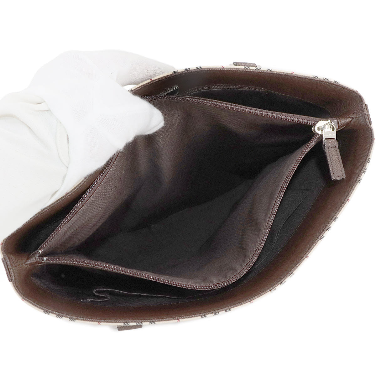 Plaid Tote Bag Canvas Leather Beige Brown Purse