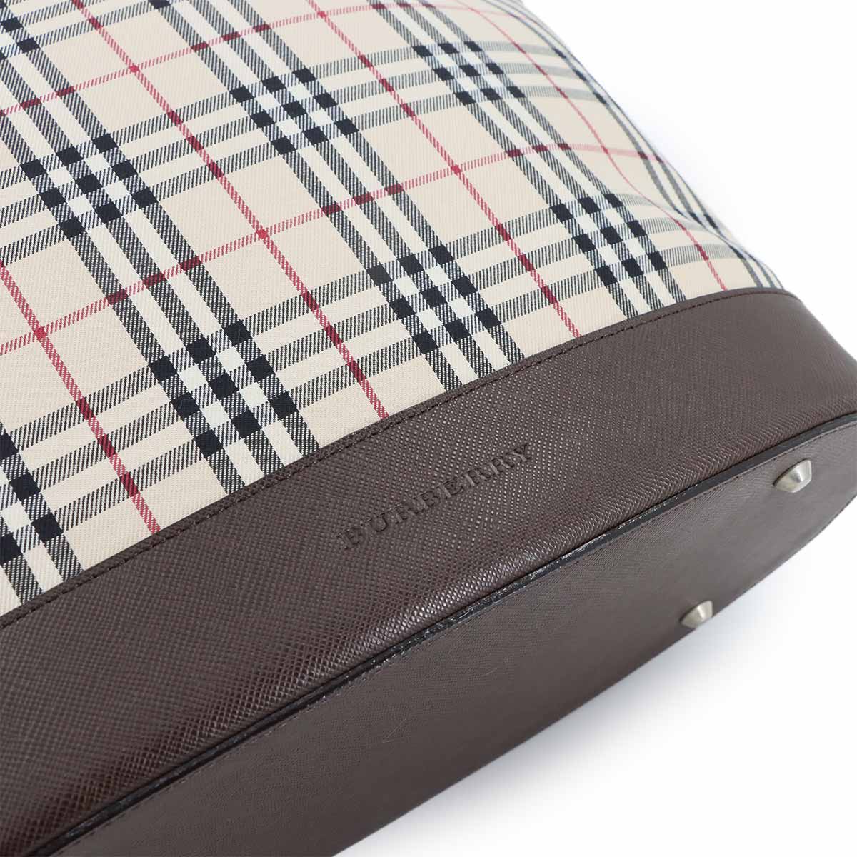 Plaid Tote Bag Canvas Leather Beige Brown Purse