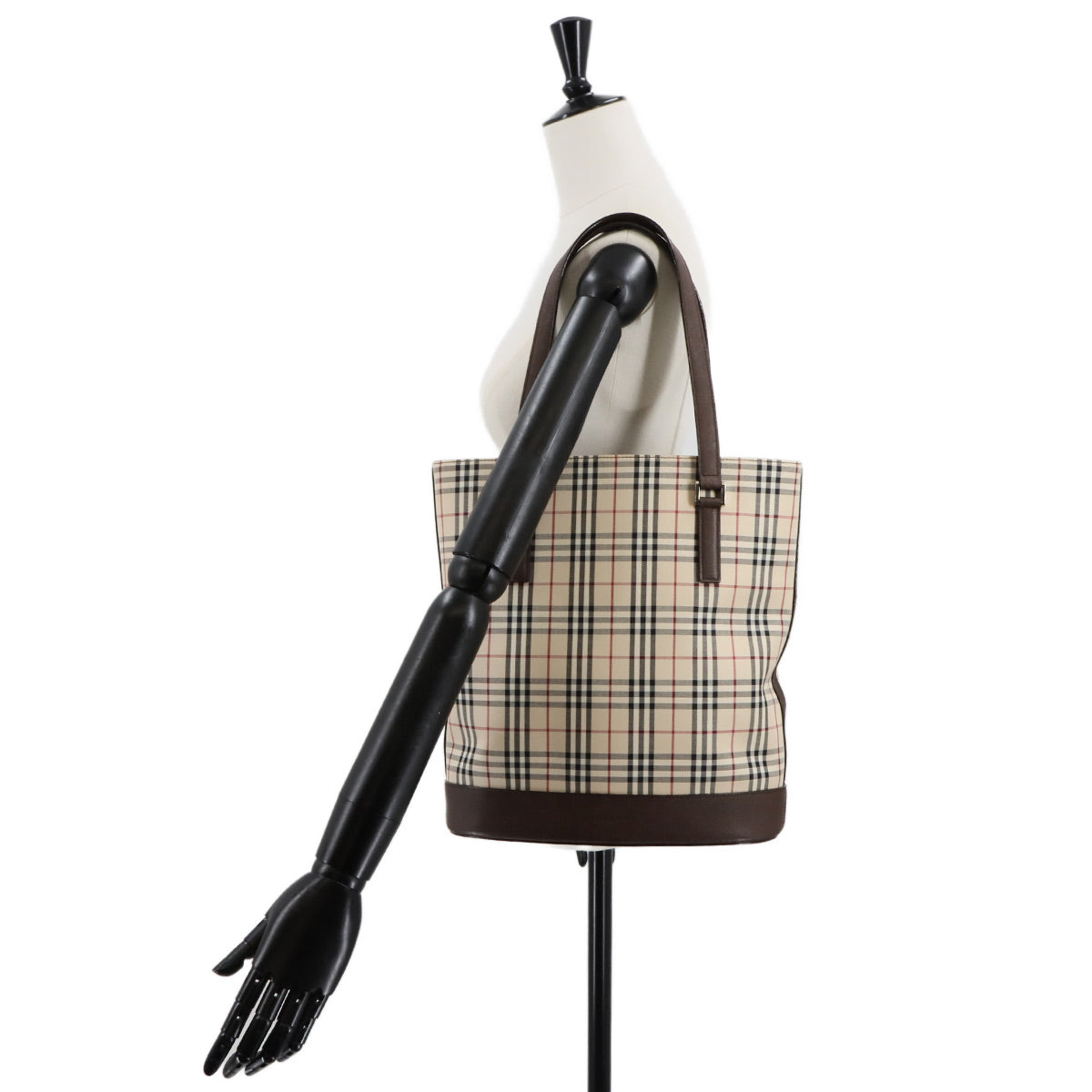 Plaid Tote Bag Canvas Leather Beige Brown Purse
