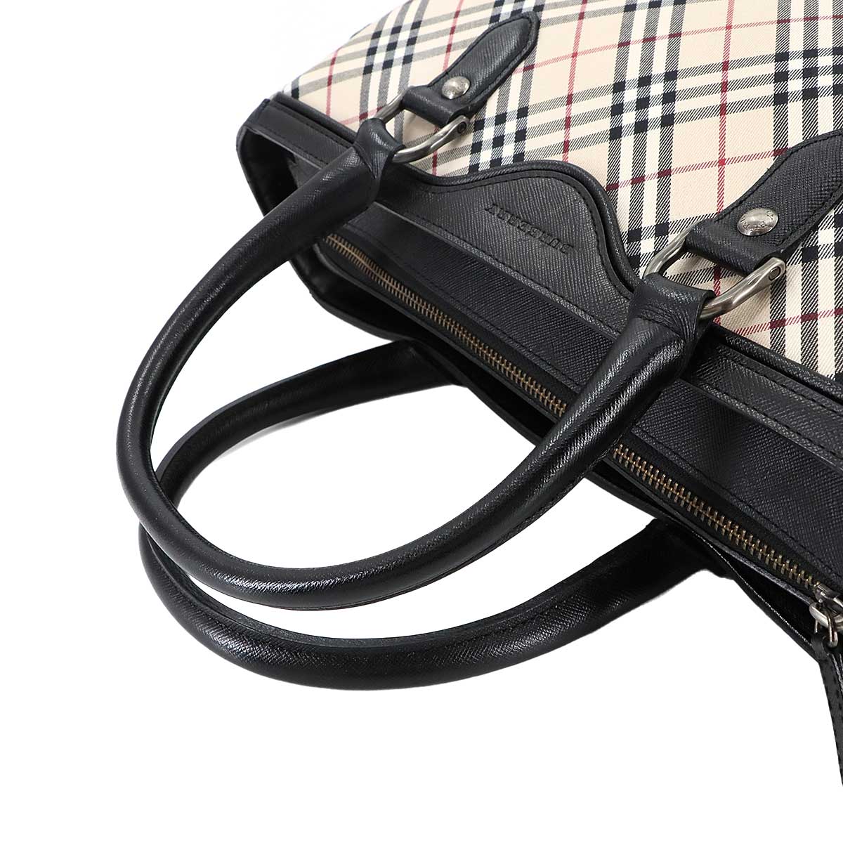 Plaid Hand Bag Canvas Leather Beige Black Purse