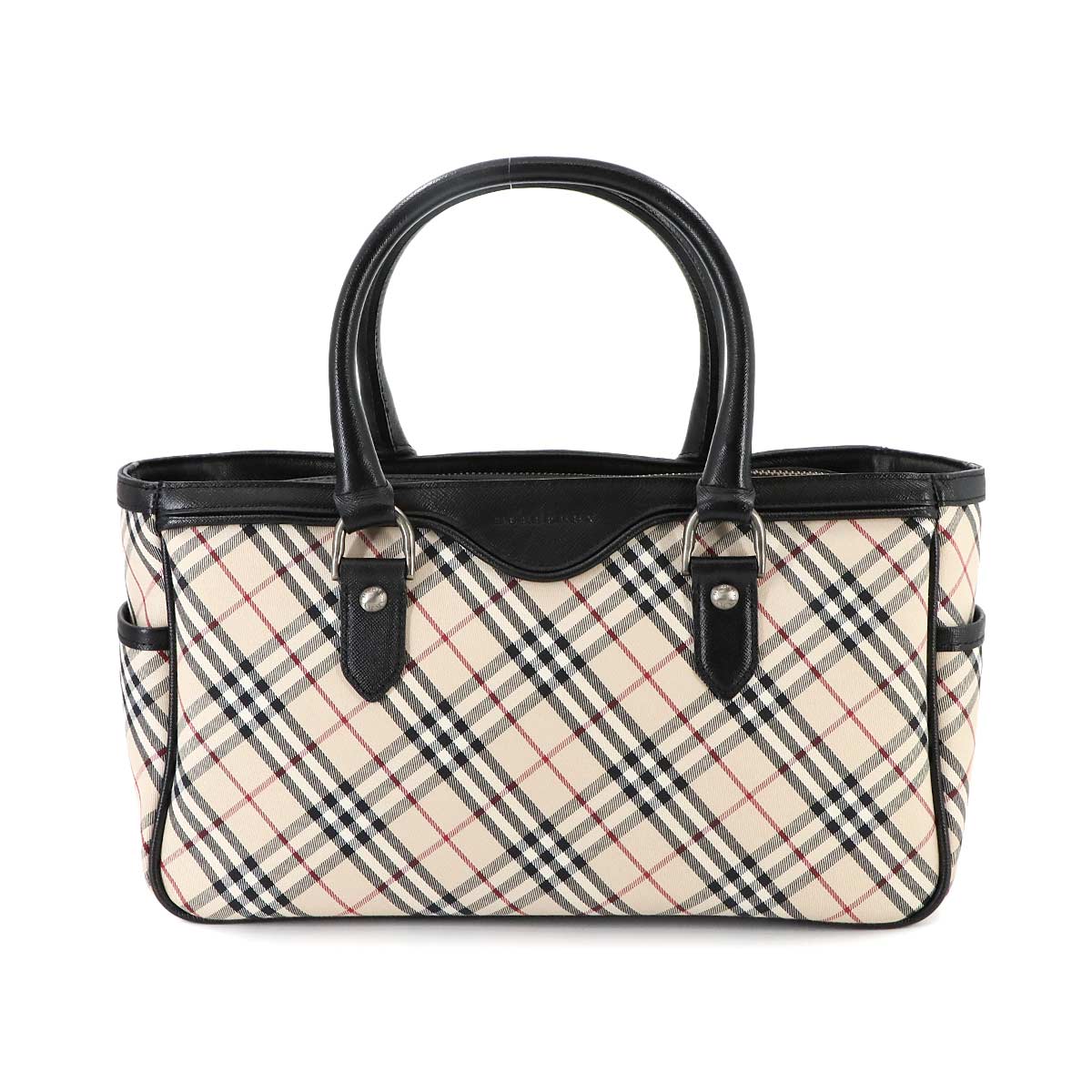 Plaid Hand Bag Canvas Leather Beige Black Purse